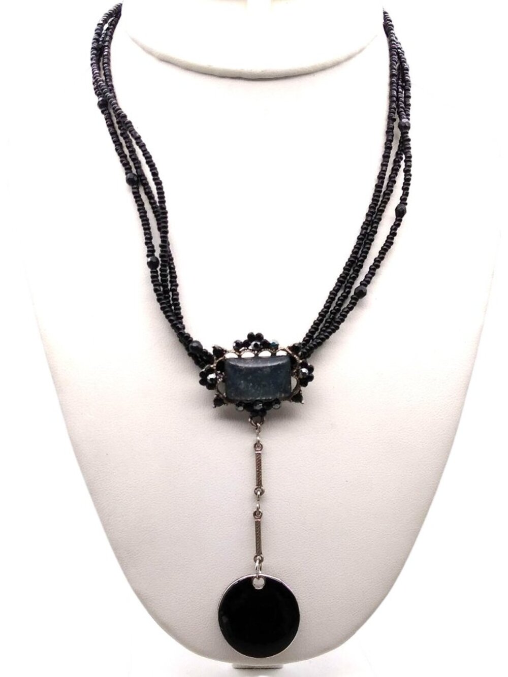 Vintage Whimsigoth Lavalier Pendant Necklace, Triple Strand Black Seed Beads
